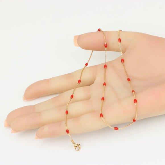 "Red Beaded Yellow Gold Necklace+ 2 Inch Adjustable Chain, XPNL0297 - Picture 5 of 12
